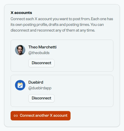 The X accounts card listing Theo Marchetti (@theobuilds), a founder account, and Duebird (@duebirdapp), a product account.