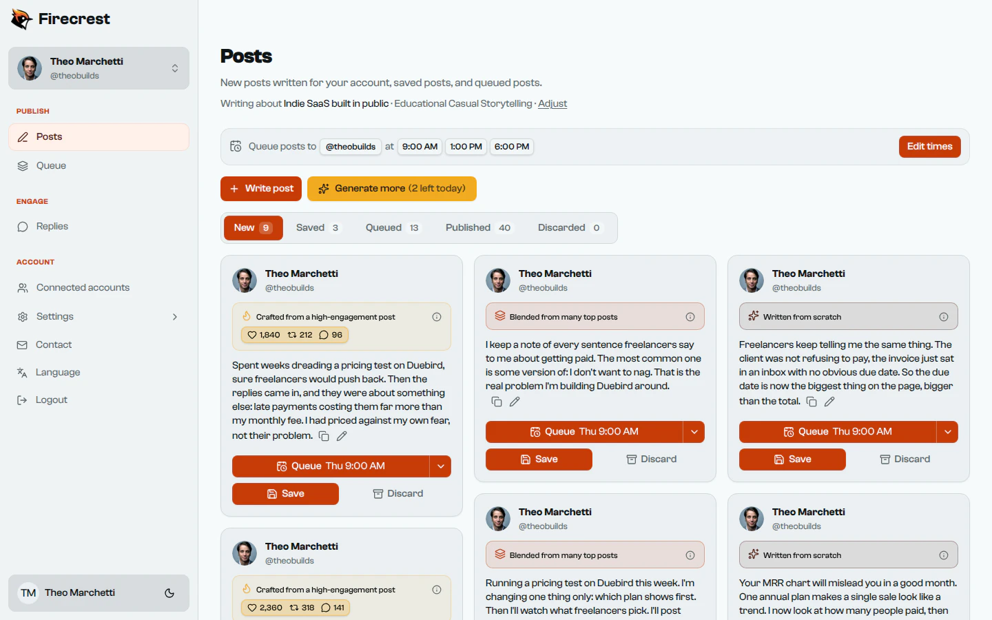 The Posts page with new posts for Theo Marchetti's account. The first was crafted from a high-engagement post and shows that post's engagement.