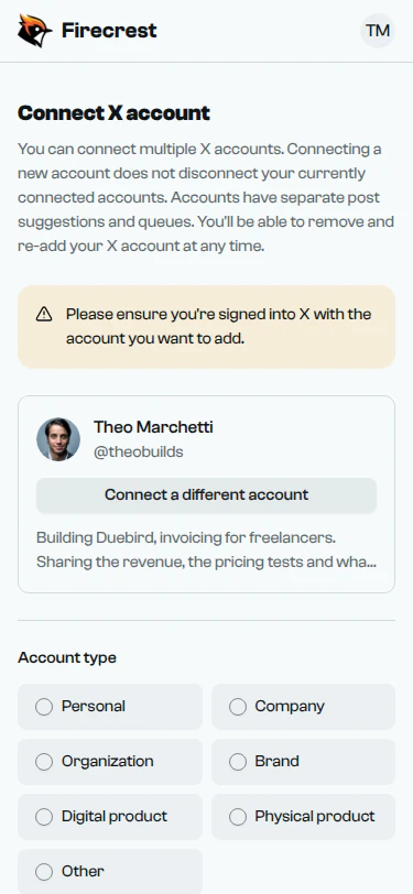The connected X account @theobuilds, with its avatar, name and bio.