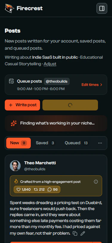 The Posts page mid-run: a spinner on the Generate button and a banner reading "Finding what's working in your niche".