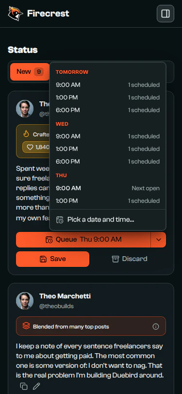 A post's posting-time menu, listing the next slots by day and how many posts each one already holds.